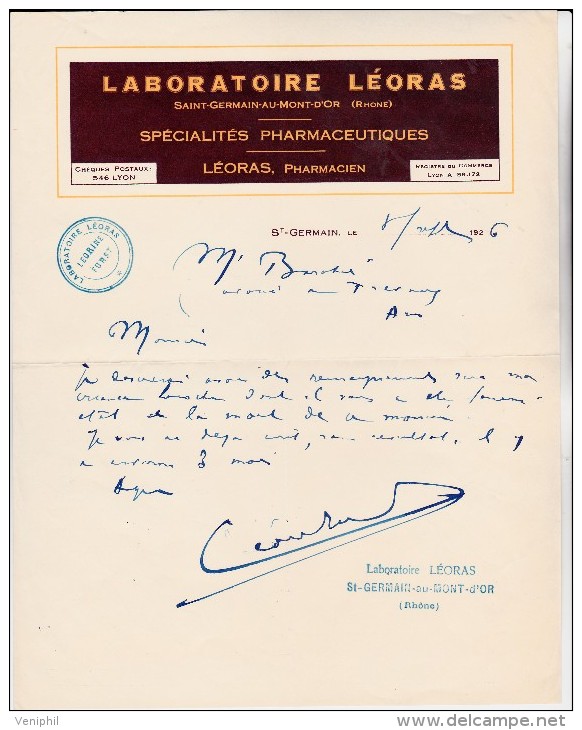 FACTURE AUTOGRAPHE - LABORATOIRE  LEORAS - LYON 1926 - 1900 – 1949