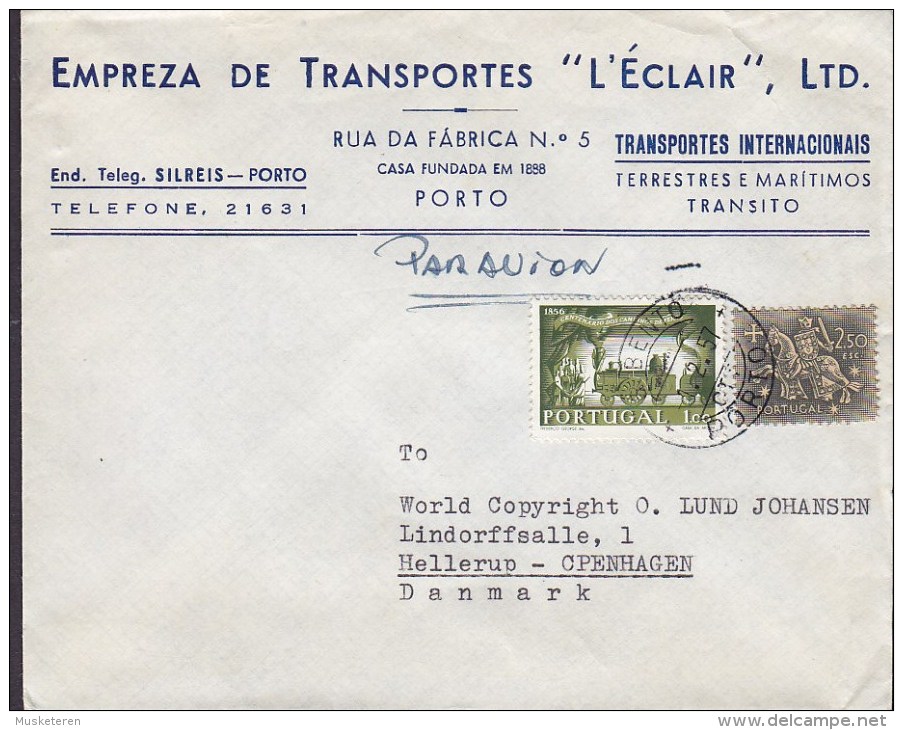 Portugal Por Avion EMPREZA DE TRANSPORTES "L'ÉCLAIR", Ltd., PORTO 1957 Cover Letra HELLERUP Denmark Train & Knight - Lettres & Documents