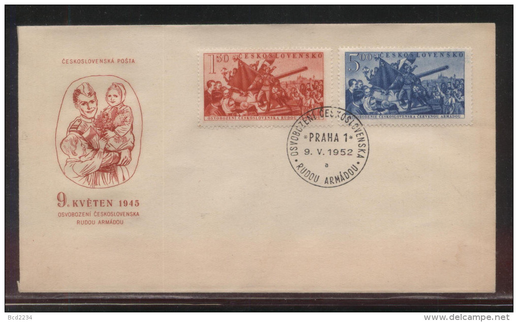 CZECHOSLOVAKIA FDC 1952 7TH ANNIV LIBERATION BY THE SOVIET RED ARMY SET OF 2 USED MILITARIA ARMY WW2 TANKS SOLDIERS - FDC