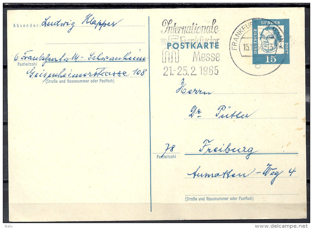 Deutschland Ganzsache 1963 Michel Nr. P 79 15 Pf. Berühmte Deutsche Luther Postkarte P79 Frankfurt - Freiburg 15.11.64 - Cartes Postales - Oblitérées