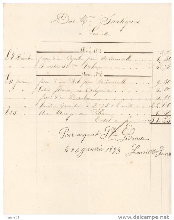 Facture 1872  Et 1873 Lauriette Sainte Livrade, Couturière - Travaux à Façon De Dec. 1872 Et Janv 1873 - Textile & Vestimentaire