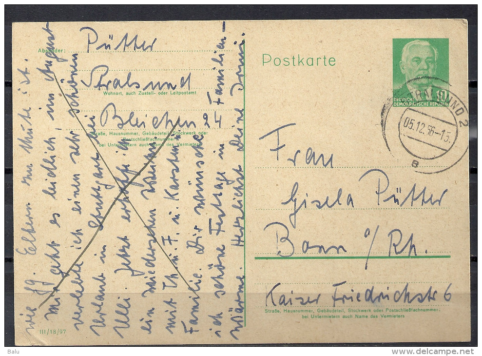 DDR Ganzsache 1956 Wilhelm Pieck P 68 P68 10 Pf. Stralsund 5.12.56 Nach Bonn - Postkarten - Gebraucht