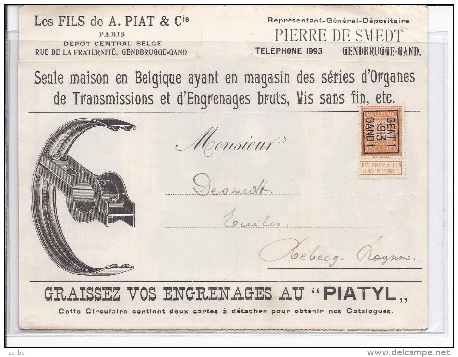 Typos 38-B ( Gent 1-1913) S/très Bel Imprimé Publicitaire Illustré"A.PIAT"PIATYL" V.Rebecq - Autres & Non Classés