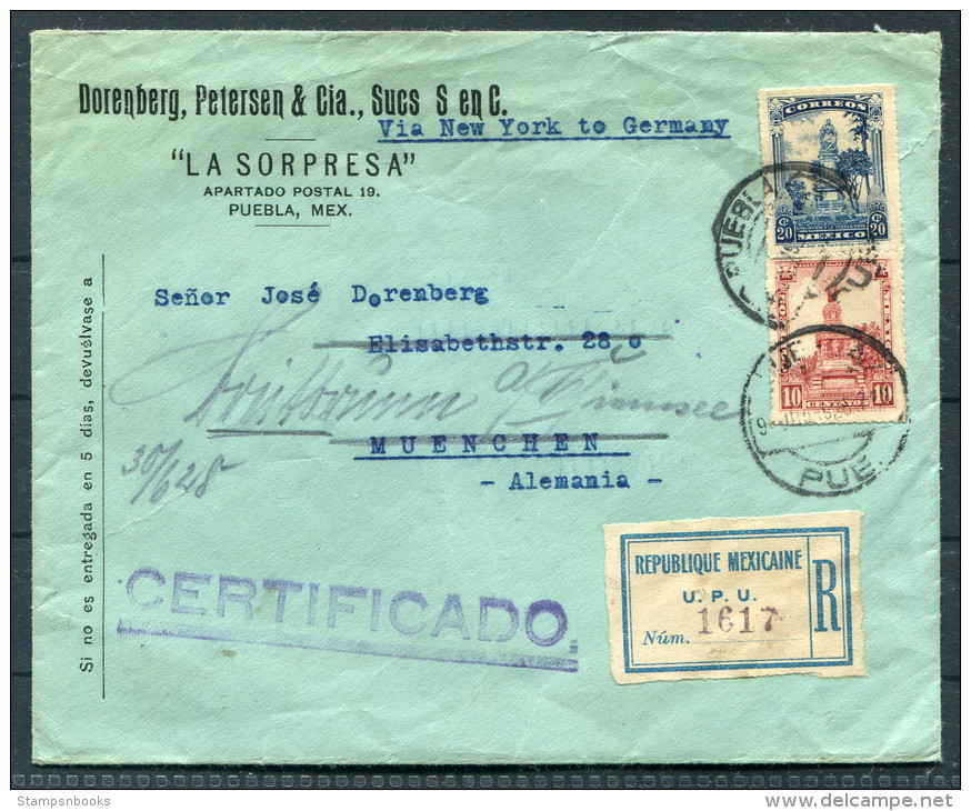 1928 Mexico Puebla Registered Cover - Germany / Munchen Zug Breitbrunn A. Chiemsee, Bavaria - Mexico