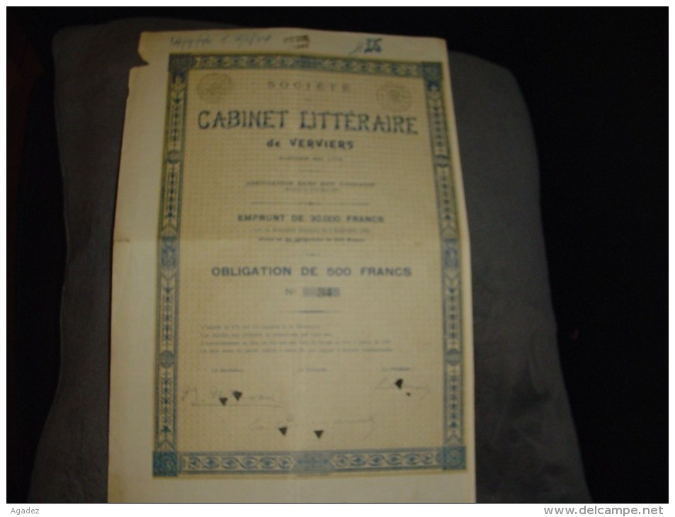 Obligation De 500 F " Société Du Cabinet Littéraire De Verviers " 1925 - Film En Theater