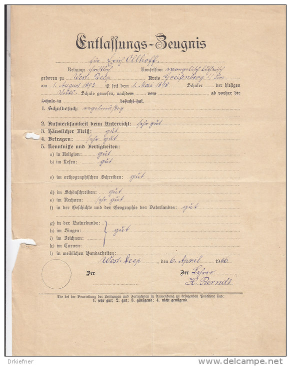 Entlassungs-Zeugnis Der Volksschule West-Deep, Gemeinde Robe, 6.April 1906 - Diploma's En Schoolrapporten