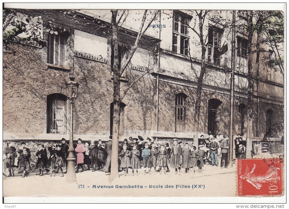 PARIS (75) XXème -  Avenue Gambetta Ecole Des Filles - Carte Colorée - Enseignement - VOIR 2 SCANS - - Onderwijs, Scholen En Universiteiten