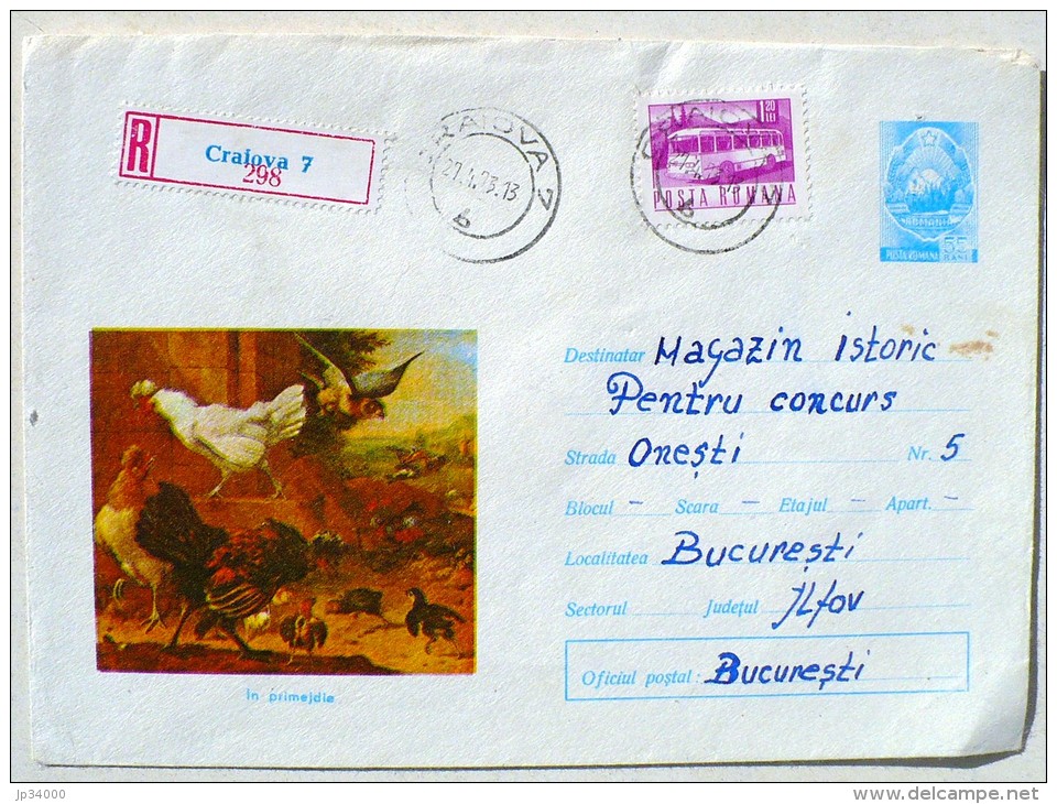 ROUMANIE Poule, Gallinacée, Coq, Entier Postal Emis En 1972, Et Ayant Voyagé - Hühnervögel & Fasanen