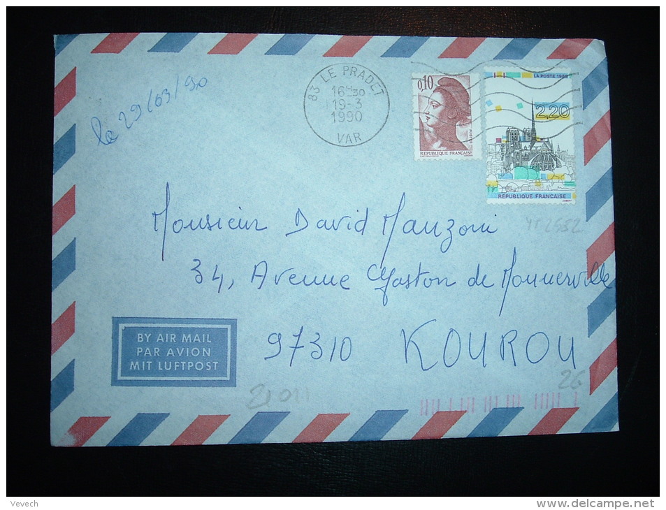 LETTRE PAR AVION POUR GUYANE FRANCAISE TP YT 2582 NOTRE-DAME 2,20F+ LIBERTE 0,10 OBL.MEC.19-3-1990 LE PRADET (83) - Other & Unclassified