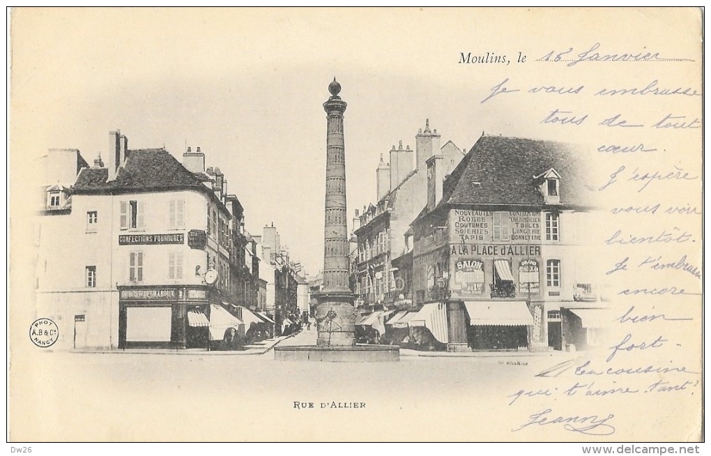 Moulins - Rue D'Allier En 1901 - La Fontaine - Edition A.B. & Cie - Carte Dos Simple - Moulins