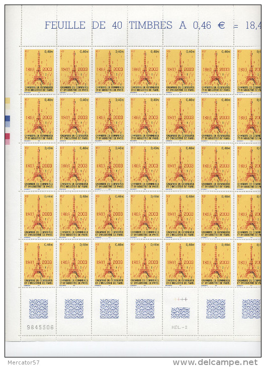 FRANCE Feuille Complète 3545 Chambre De Commerce Et D'industrie De PARIS Avec TOUR EIFFEL - Full Sheets