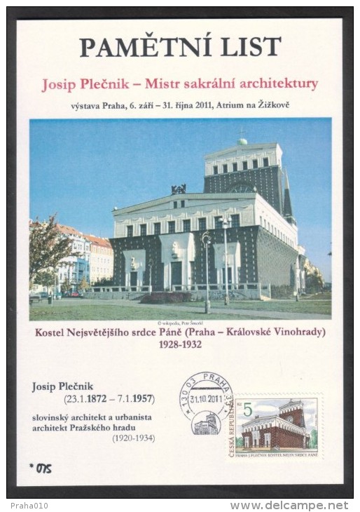 Czech Rep. / Commemorative Sheet (PaL 2011/04) 130 03 Praha 33: Josip Plecnik (1872-1957), Master Of Sacred Architecture - Slovenia