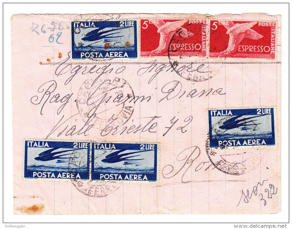 Italien 1945 - 5 L Eil Mit 2 L (x4) Flugpost  - Brief Aus Calgari Mit Gelbem Express-Vermekzettel - Altri & Non Classificati