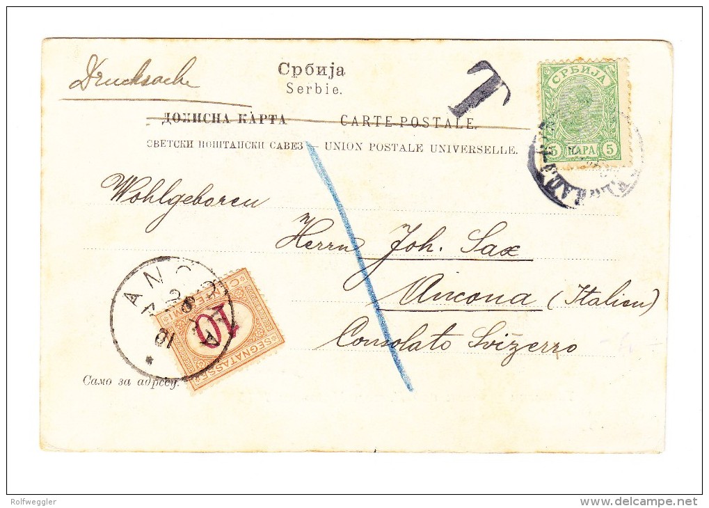 1896 Serbien 5 Pa Und Nachporto Italien10 C Auf AK "Takovo-Aufstand Und Fürsten Milosch 1815 - Serbie