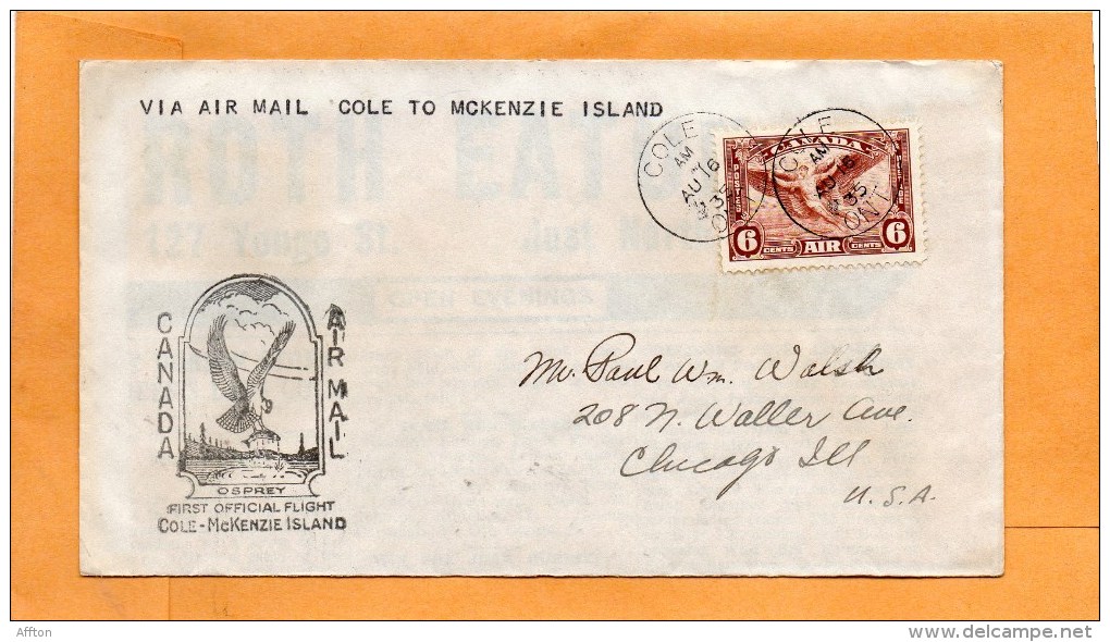 Cole To Mckenzie Island Canada 1935 Air Mail Cover Mailed - Premiers Vols