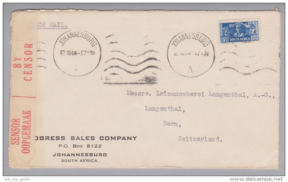 Südafrika 1944-12-12 Johannesburg Zensurbrief Nach Langenthal Schweiz - Autres & Non Classés