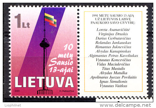 LITUANIE LIETUVA 2001,  MEMOIRE EVENEMENTS DU 13 JANVIER 1991 , 1 Valeur + Vignette, Neuf / Mint. R811 - Litauen