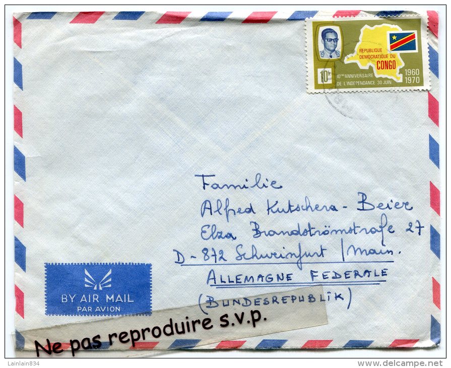 - Cover, Enveloppe Congo, Par Avion, Timbre Seul, Cachet, 1970, à Destination De L'Allemagne, Scans. - Used