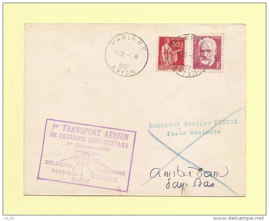 1er Transport Aerien De Courrier Sans Surtaxe - France Pays Bas - 1937 - Type Paix + Victor Hugo - 1960-.... Covers & Documents