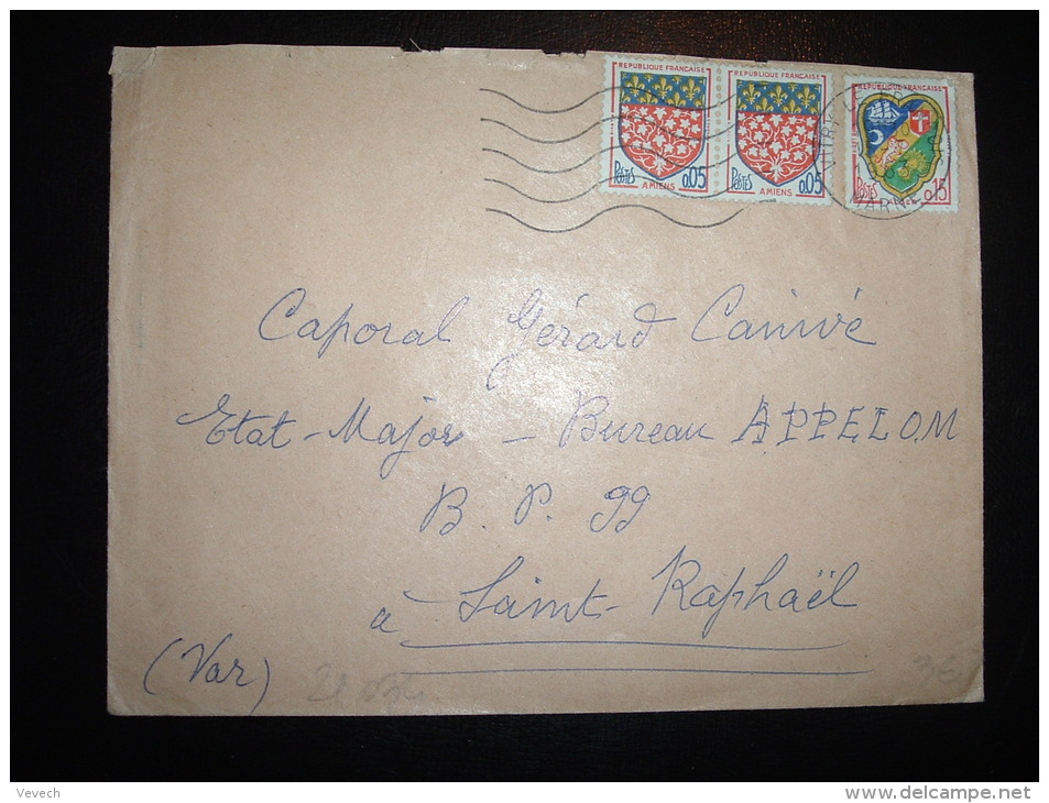 LETTRE POUR ETAT MAJOR BUREAU APPELOM ST RAPHAEL BLASON ALGER 0,15F+ AMIENS 0,05F X2 OBL.MEC.13-7-1963 VITRY LE FRANCOIS - 1941-66 Escudos Y Blasones