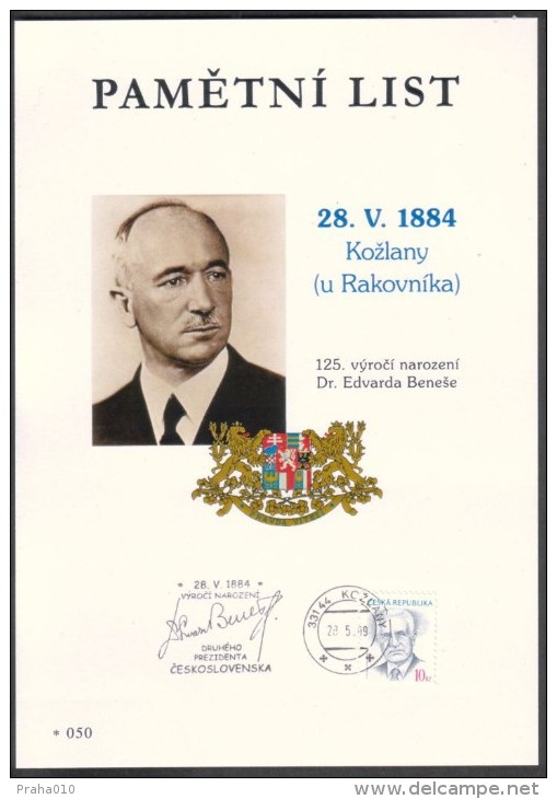 Czech Rep. / Commemorative Sheet (PaL 2009/05) Kozlany: 125 Ann. Birth Dr. Edvard Benes, 2nd President Of Czechoslovakia - Blokken & Velletjes