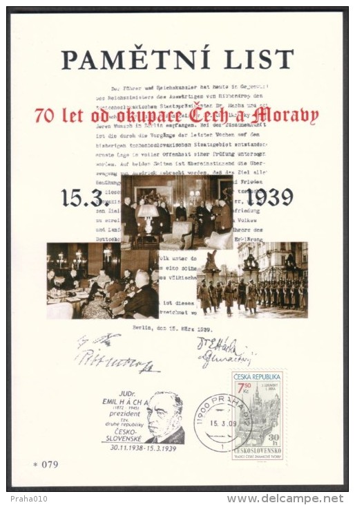 Czech Rep. / Commemorative Sheet (PaL 2009/02) 119 00 Praha 012: 70 Anniv. Of Occupation Czechoslovakia (Hacha, Hitler) - Blocks & Sheetlets