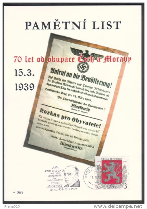 Czech Rep. / Commemorative Sheet (PaL 2009/03) 119 00 Praha 012: 70 Ann. Occupation Of Czechoslovakia (Hacha, Blaskowitz - Autres & Non Classés