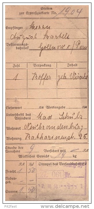 Expreßgutkarte 1938 , Gollnow / Goleniów I. Pommern , Neubrandenburg I. Mecklenburg !!! - Gebührenstempel, Impoststempel