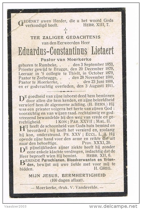 RUMBEKE - MOERKERKE -  ZEEBRUGGE - Doodsprentje Van PASTOOR Eduardus LIETAERT + 1911 - Godsdienst & Esoterisme