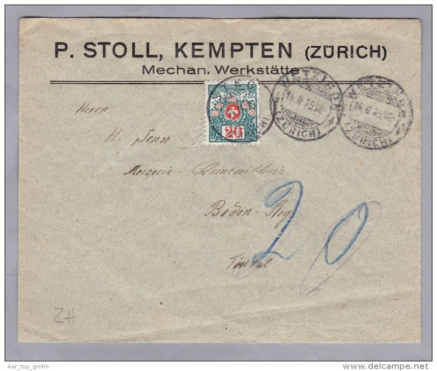 Heimat ZH  ZÜRICH STEG 1919-02-14 Taxierter Brief Von Wetzikon - Taxe