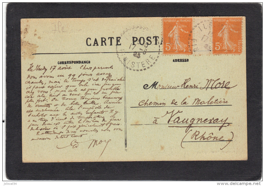 Yvert  158 Paire Avec Inter Panneau Semeuse Cachet  Perlé ILE GARO Finistère 1923 Sur Carte Postale Bateau - Briefe U. Dokumente