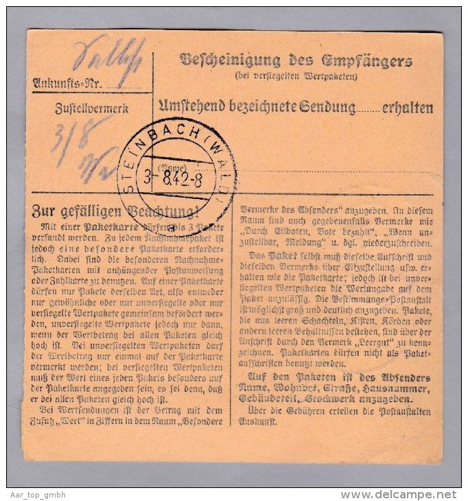 Heimat DE Br Eberswalde 1942-07-30 Auf Paketkarte Nach Steinbach - Briefe U. Dokumente