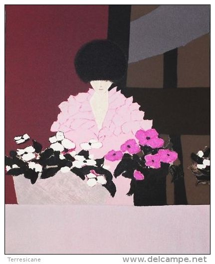 X André Vigud "Fiori Rosa" Litografia A Colori - Cm.55x38 - Litografia