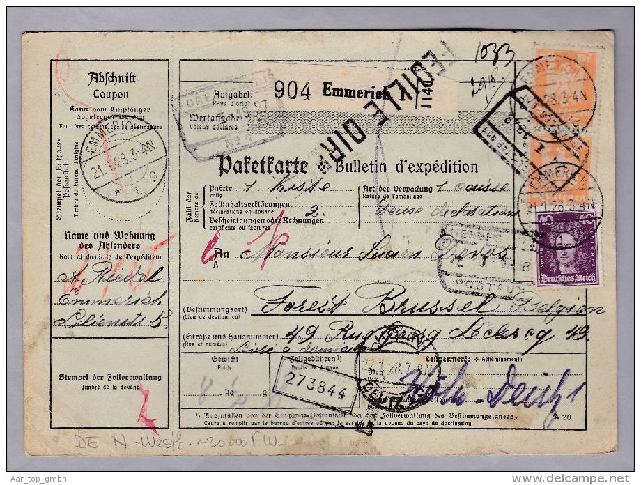 Heimat De NW. Emmerich 1928-01-21 Paketkarte Nach Bruxelles - Briefe U. Dokumente