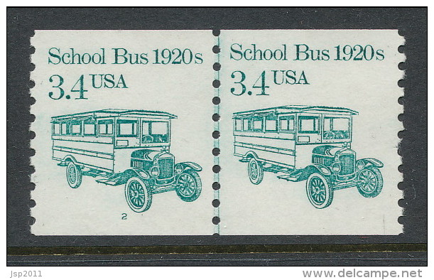 USA 1985 Scott # 2123. Transportation Issue: School Bus 1920s, MNH (**). Tagget  Line Pair P#2 - Roulettes (Numéros De Planches)
