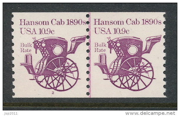 USA 1982 Scott # 1904. Transportation Issue: Hansom Cab 1890s, MNH (**). Line Pair, P#2 - Coils (Plate Numbers)