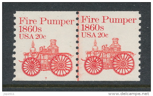 USA 1981 Scott # 1908. Transportation Issue: Fire  Pumper 1860s, MNH (**). Tagget  Line Pair P#7 - Coils (Plate Numbers)