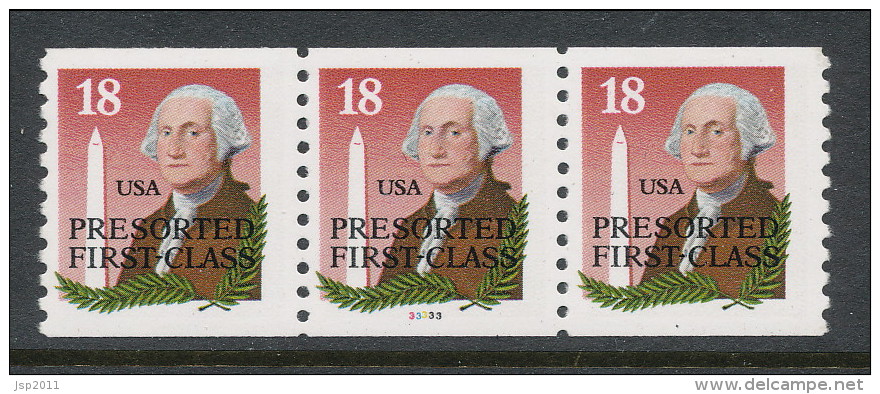 USA 1985 Scott # 2149a. George Washington, Washington Monument, Strip Of 3 P# 33333,MNH (**). - Ruedecillas (Números De Placas)