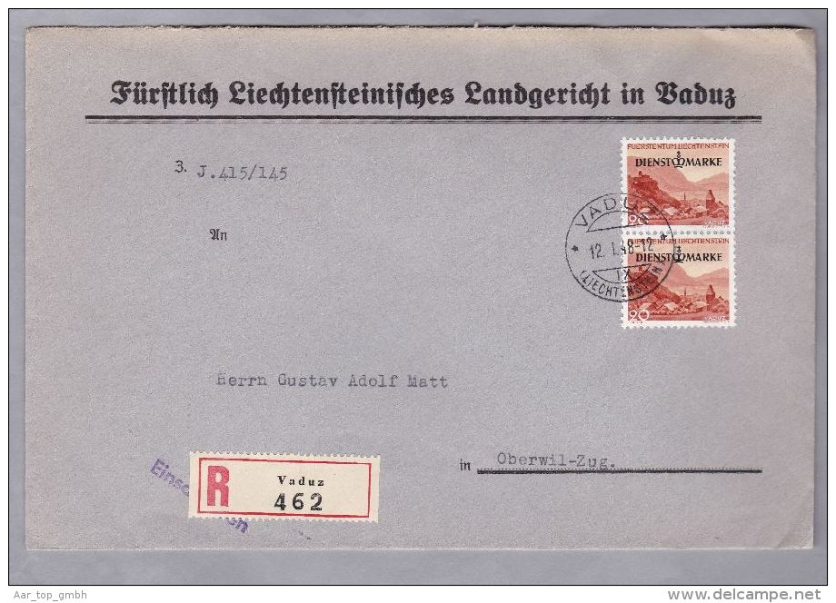 Liechtenstein Dienst 1948-01-12 VADUZ R-Brief Nach Oberwil - Service