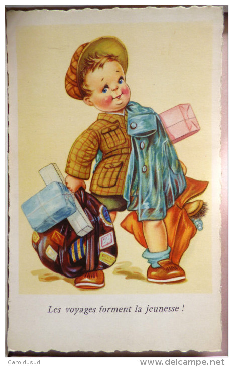 CP Litho Fantaisie Illustrateur Style B Mallet M.B. Enfant Garcon Valise Les Voyages Forment La Jeunesse - Humorous Cards