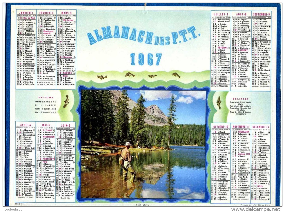 CALENDRIER ALMANACH DES  POSTES 1967 OLLER L'ATTENTE PECHEUR A LA LIGNE  SANS FEUILLETS - Grossformat : 1961-70