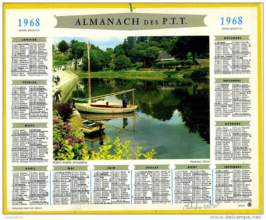 CALENDRIER ALMANACH DES  POSTES 1968  OBERTHUR PONT AVEN FEUILLETS DEPT 51 - Grand Format : 1961-70