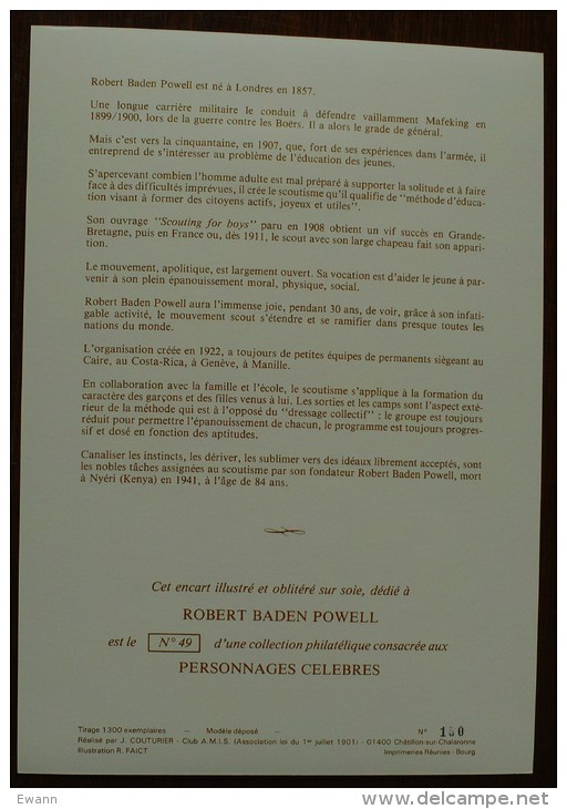R. BADEN POWELL, Scoutisme - FDC YT N°2201 Sur ENCART LUXE Soie -  1982 - Tirage 1300 Exemplaires - 1980-1989