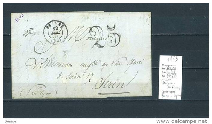 Lettre  Avec Précurseur Convoyeur Au Verso : Service Intermédiaire Paris- Lyon- 1853-Indice 11 - Railway Post