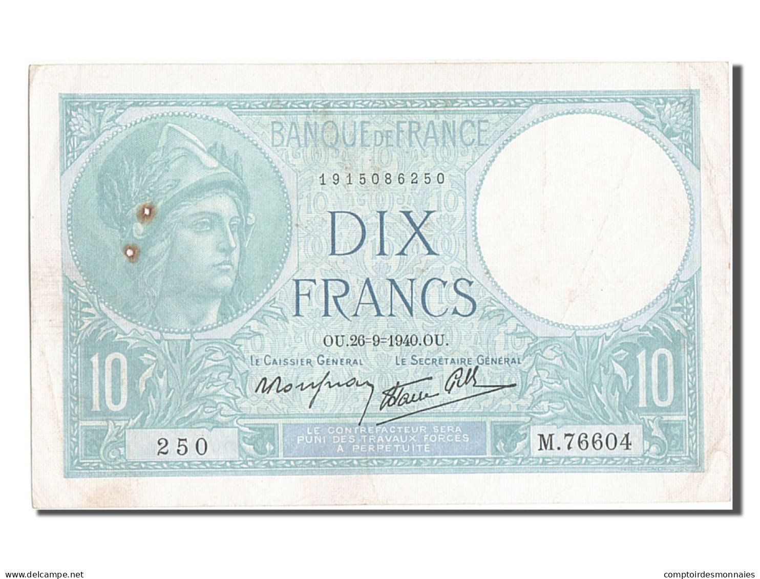 Billet, France, 10 Francs, 10 F 1916-1942 ''Minerve'', 1940, 1940-09-26, TB+ - 10 F 1916-1942 ''Minerve''