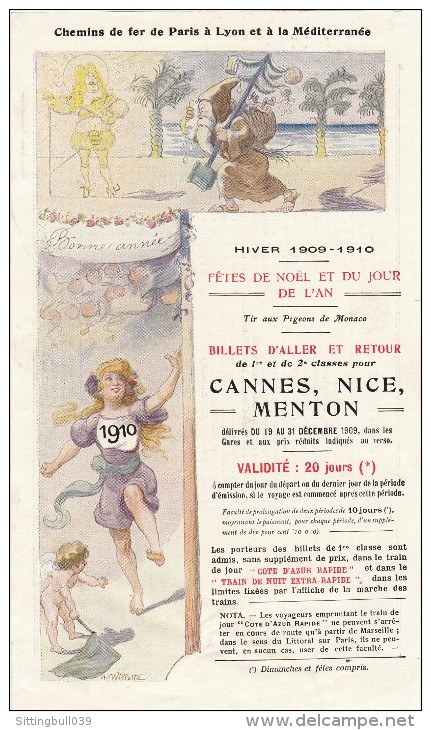 PUB Chemins De Fer De Paris à Lyon Et à La Méditerranée.Fêtes De Noël + Jour De L'An. Cannes, Etc. 1909 Illust. WILLETTE - Advertising