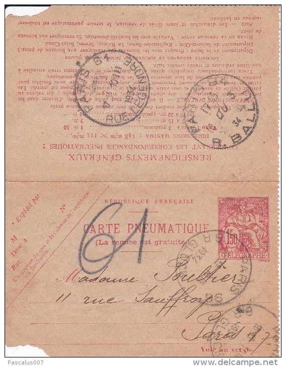 A27 - Entier Postal De France -  Carte Pneumatique 1,50f. Télégraphe Oblitéré Paris 84 Rue Ballu - Paris 61 Rue Legendre - Pneumatische Post