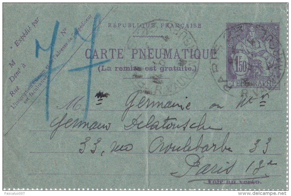 A27 - Entier Postal De France -  Carte Pneumatique 1,50f. Télégraphe Oblitéré Paris Rue VAUVENARGUE. - Pneumatiques