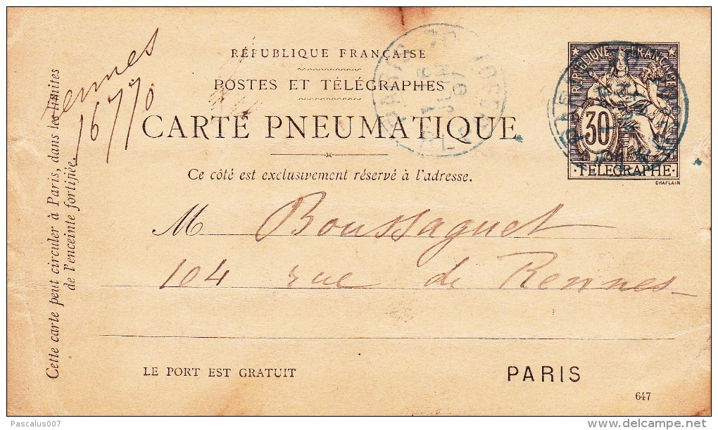 A27 - Entier Postal De France -  Carte Pneumatique 30c Noir De 1897 - Télégraphe Oblitéré -  Paris 70 Place Possot. - Pneumatiques