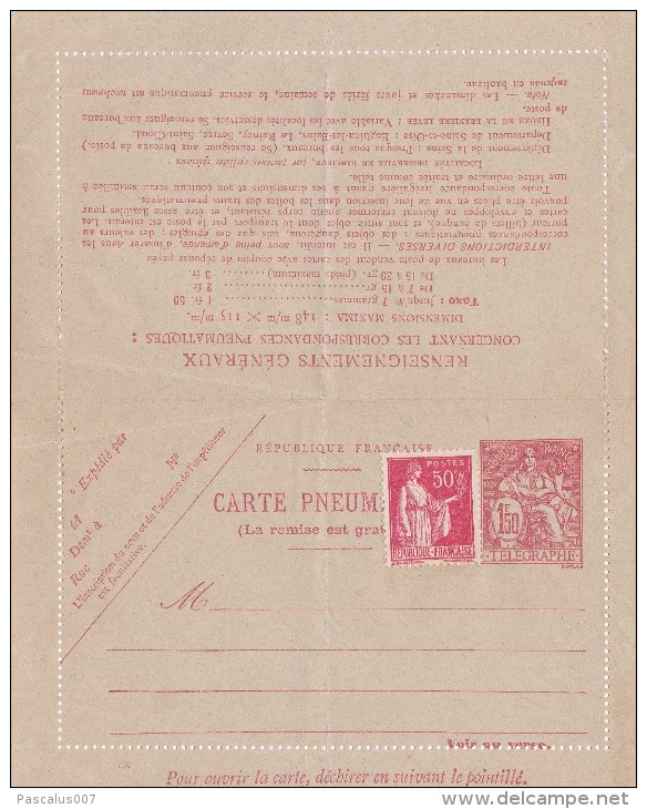 A27 - Entier Postal De France -  Carte Pneumatique - Télégraphe Neuf  - 1F50 Rouge - Pneumatiques